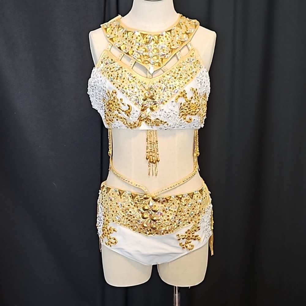Glamour costumes, LA (large adult), white & gold beaded costume, dance, show,